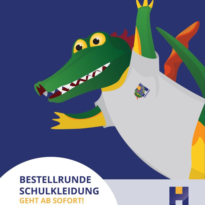 Der Drache Hardtmut mit Schul-T-Shirt. Text: Bestellrunde Schulkleidung geht ab sofort!
